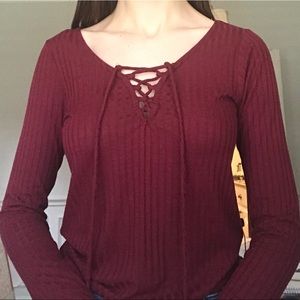 Burgundy Lace Up Top